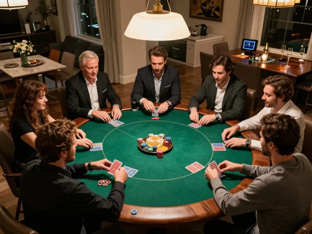 hbet players engaging in a friendly poker game surrounded by drinks and snacks, emphasizing strategic thinking in a cozy atmosphere