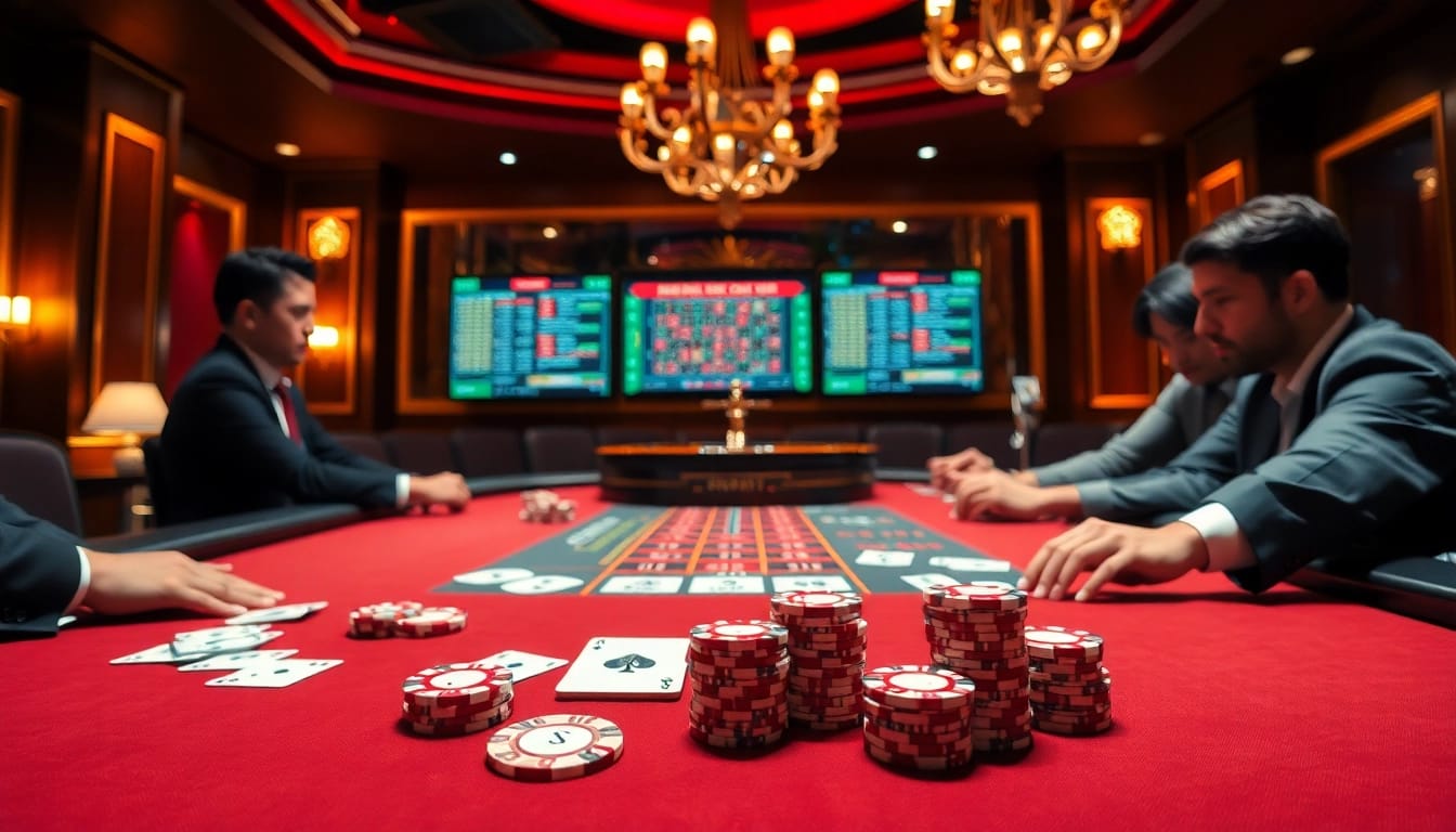 Engage with the thrilling experience at trang chủ thabet featuring an upscale poker table and roulette wheel.