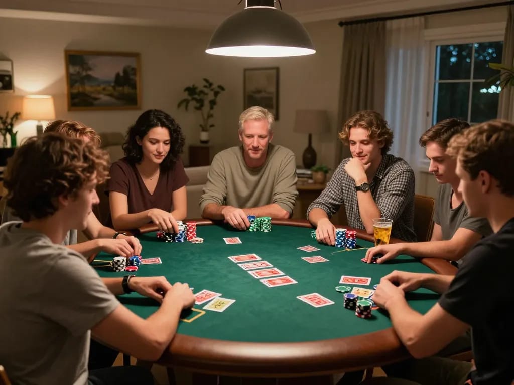 Engaged group playing poker together at home, showcasing rik vip experience in a friendly atmosphere