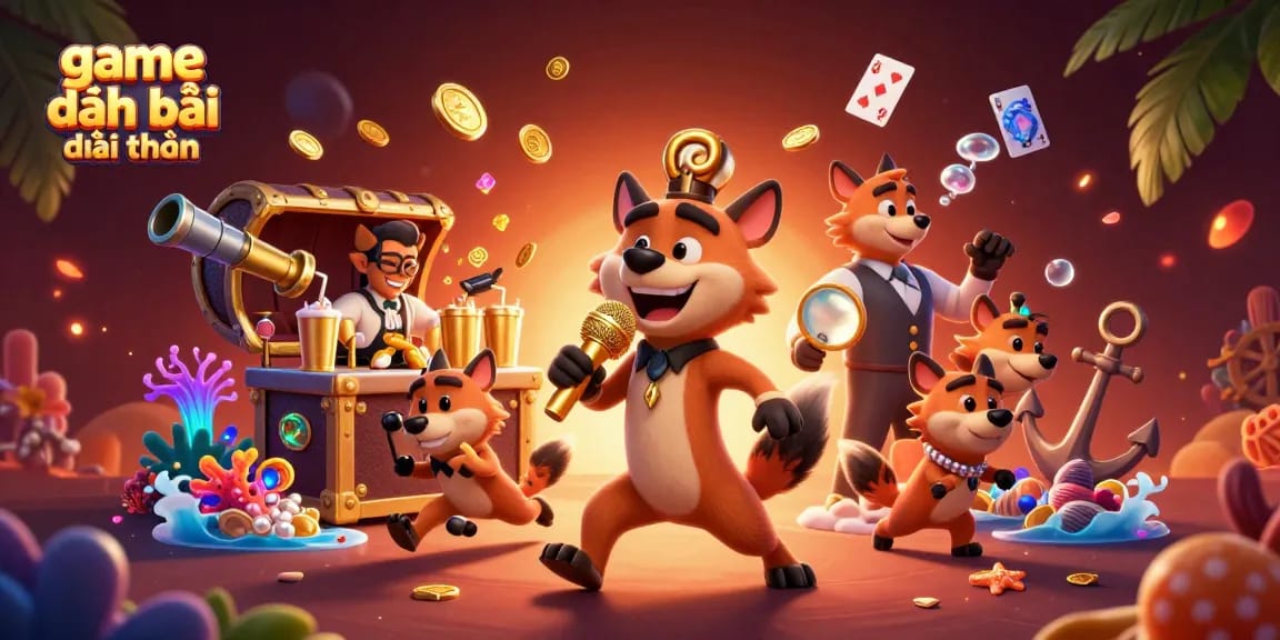 Engage with game đánh bài đổi thưởng in a vibrant 3D hyena casino scene, showcasing unique characters.