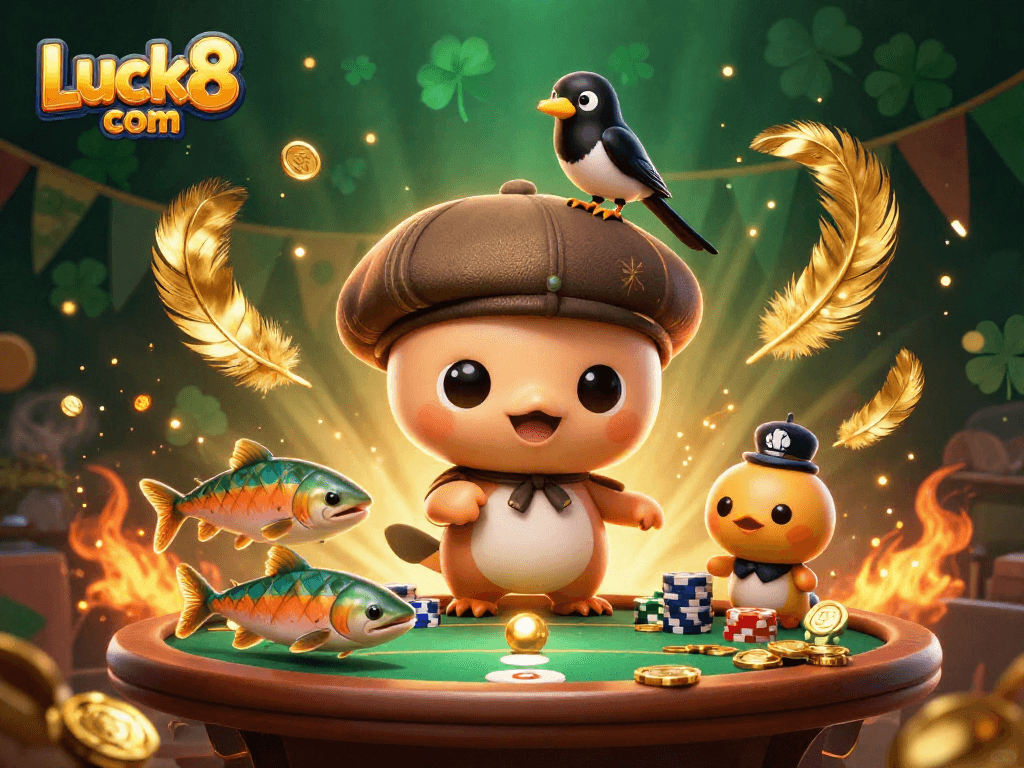 Bet big and win big with Luck8 com in an energetic casino scene featuring a playful Nessie and friends.