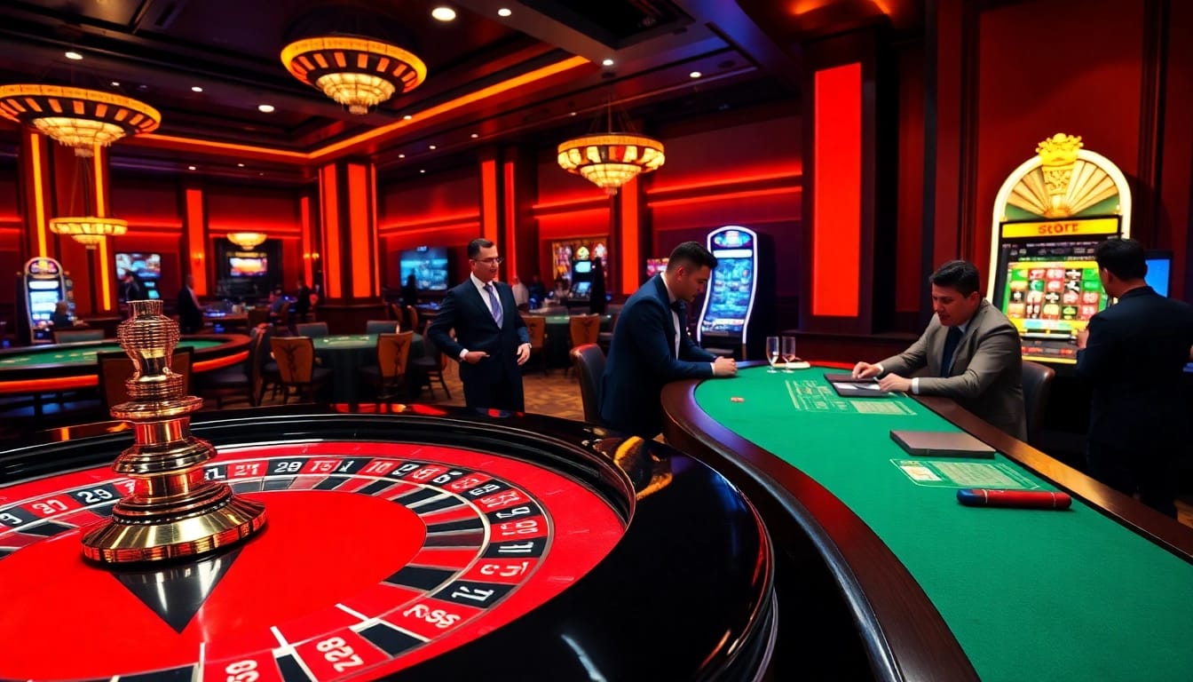 Experience luxury gaming with the OXBET App in a vibrant casino scene featuring roulette and poker.