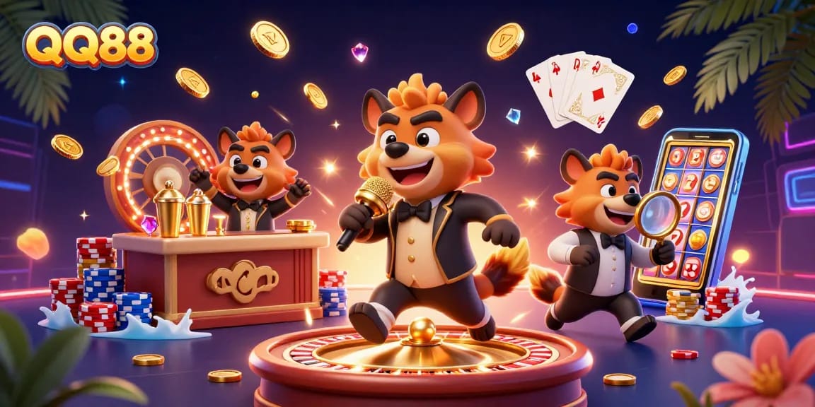 Experience thrilling moments at QQ88 casino with vibrant 3D hyenas and dazzling gambling elements.