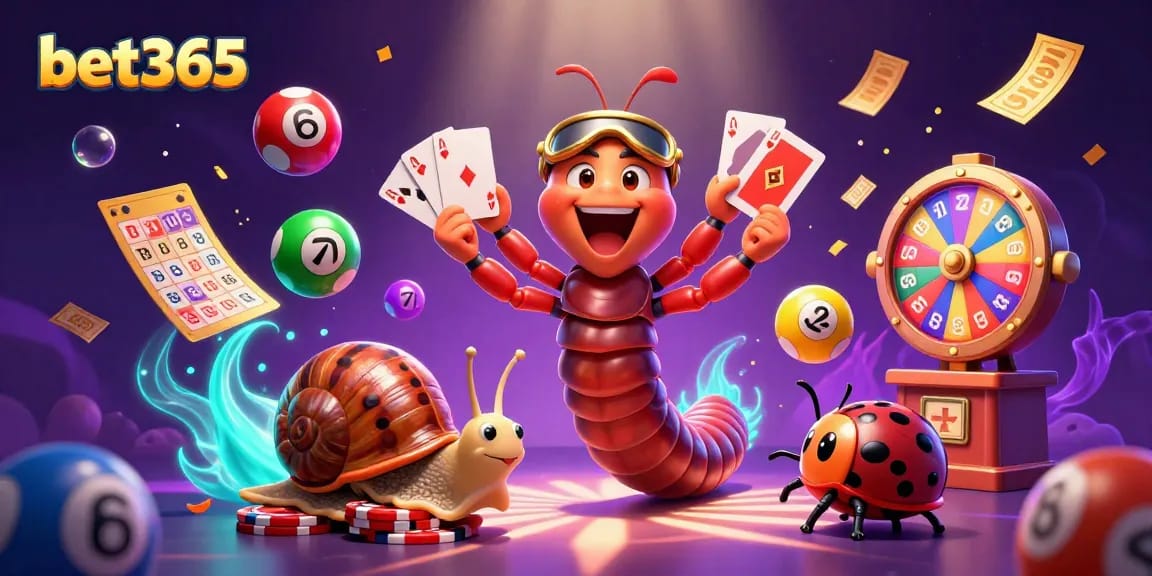 Experience bet365 with a vibrant scene featuring a millipede dealer, snail high-roller, and lottery elements.