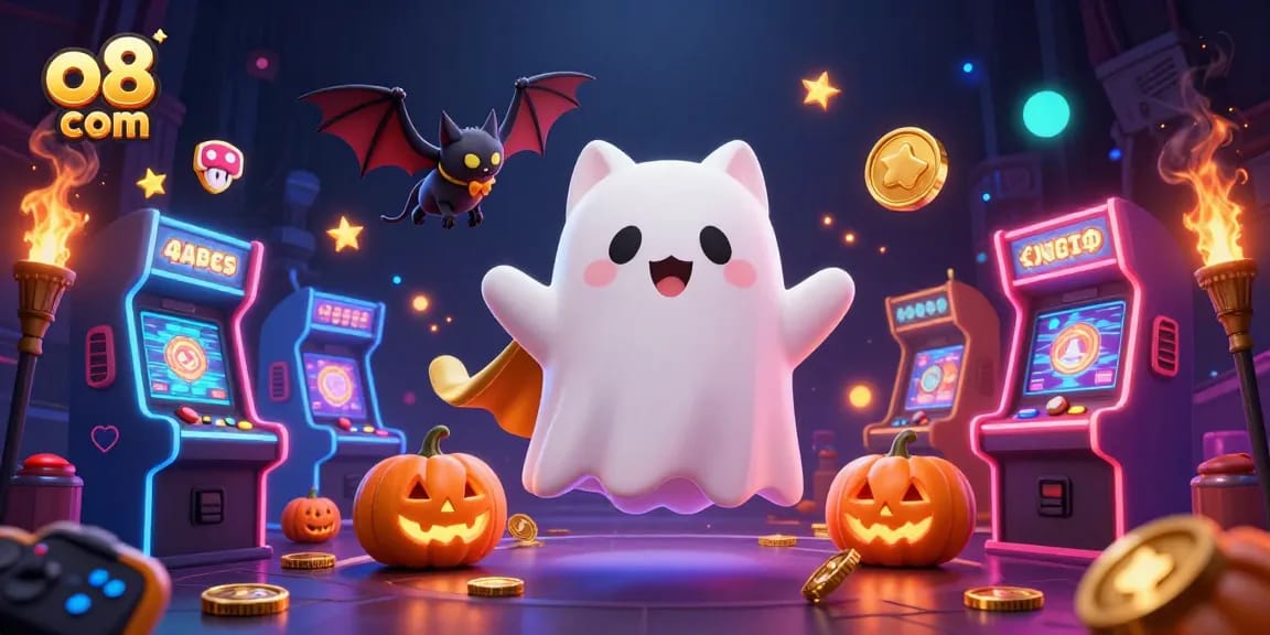 Experience the excitement of playing at o8 com with colorful 3D arcade elements surrounding a ghostly cat