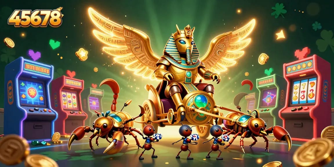Engage with 45678's vibrant casino world featuring a golden scarab beetle, dynamic gaming elements, and rich visuals.