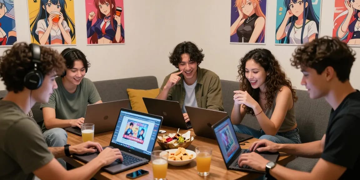 Social group enjoying free hentai games together in a cozy lounge.