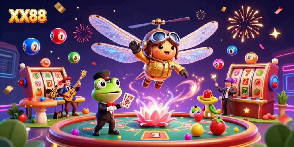 Experience the excitement of XX88 with a vibrant casino scene featuring characters amidst dynamic gaming elements.