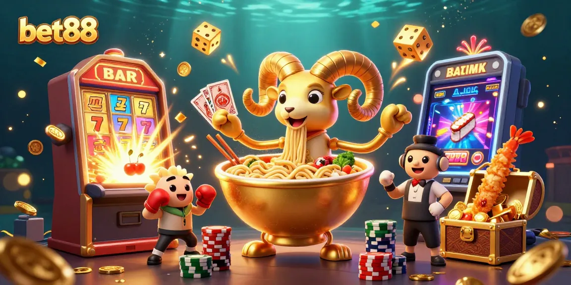 bet88 entertains with a vibrant scene featuring a golden ramen bowl character and energetic casino elements.