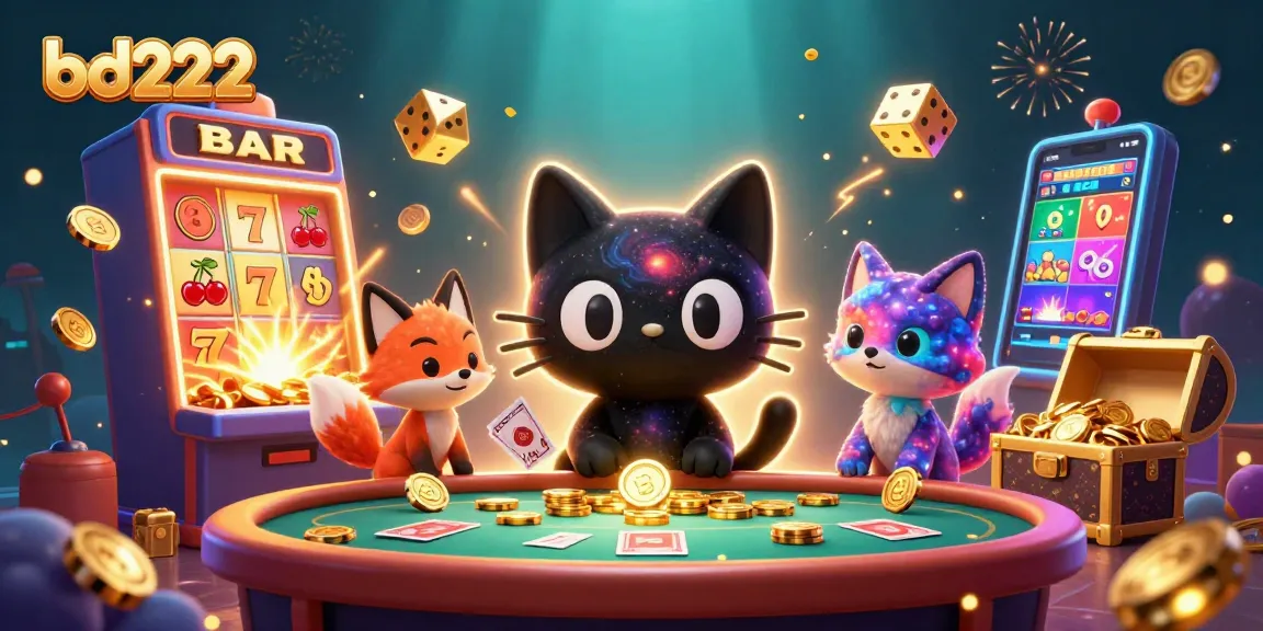Play thrilling games at bd222 with a cosmic cat attracting golden chips and vibrant game elements.