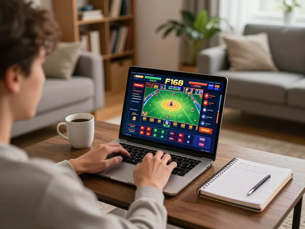 Engaging online game player enjoying F168 casino interface on laptop, showcasing a cozy and strategic gaming environment