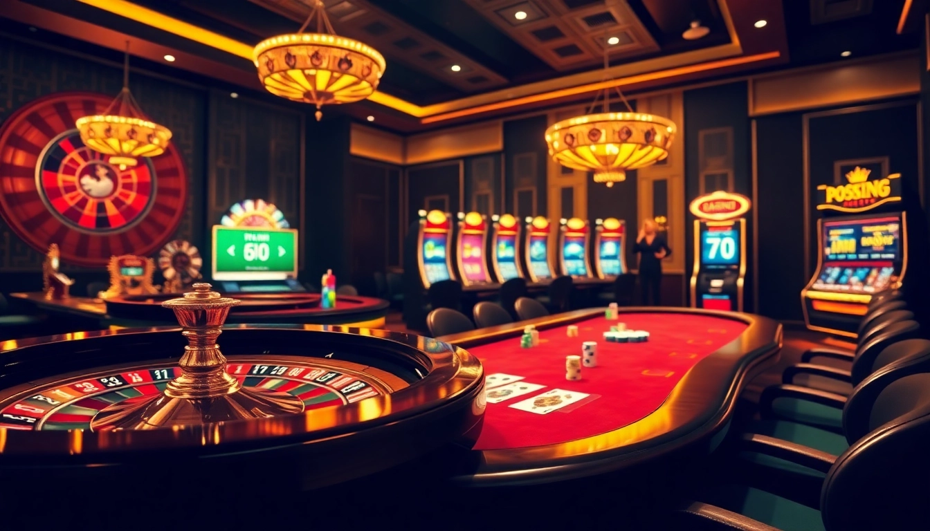 Experience the excitement at Nhà Cái 68VIP with its luxurious casino gaming environment featuring poker tables and roulette wheels.