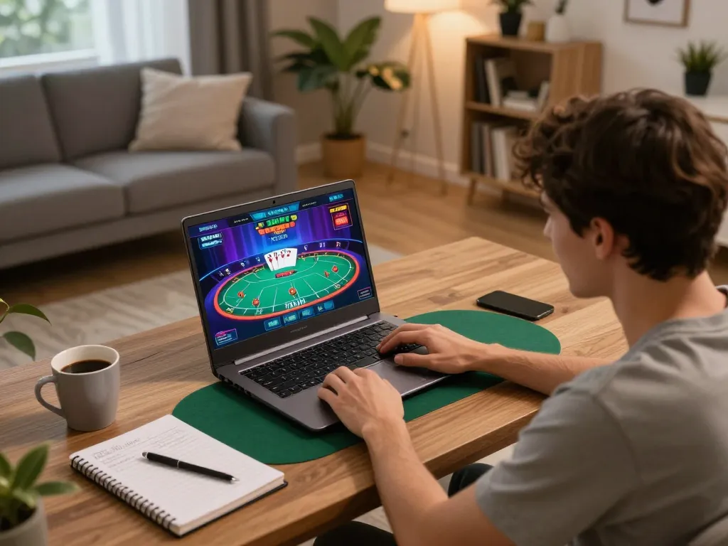 Engaging in a thrilling online poker game on 789win com at home, showcasing a cozy gaming atmosphere.