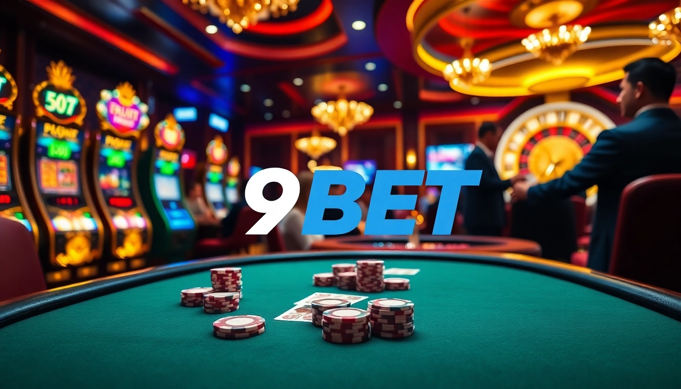 Gambling at a luxurious 9BET casino table with poker chips and cards.