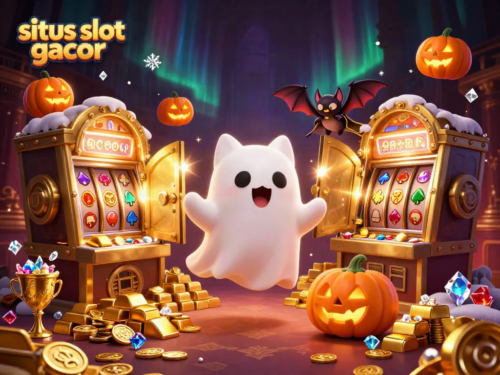 Experience exhilarating wins at situs slot gacor with a magical scene of a ghost cat and gold treasures.