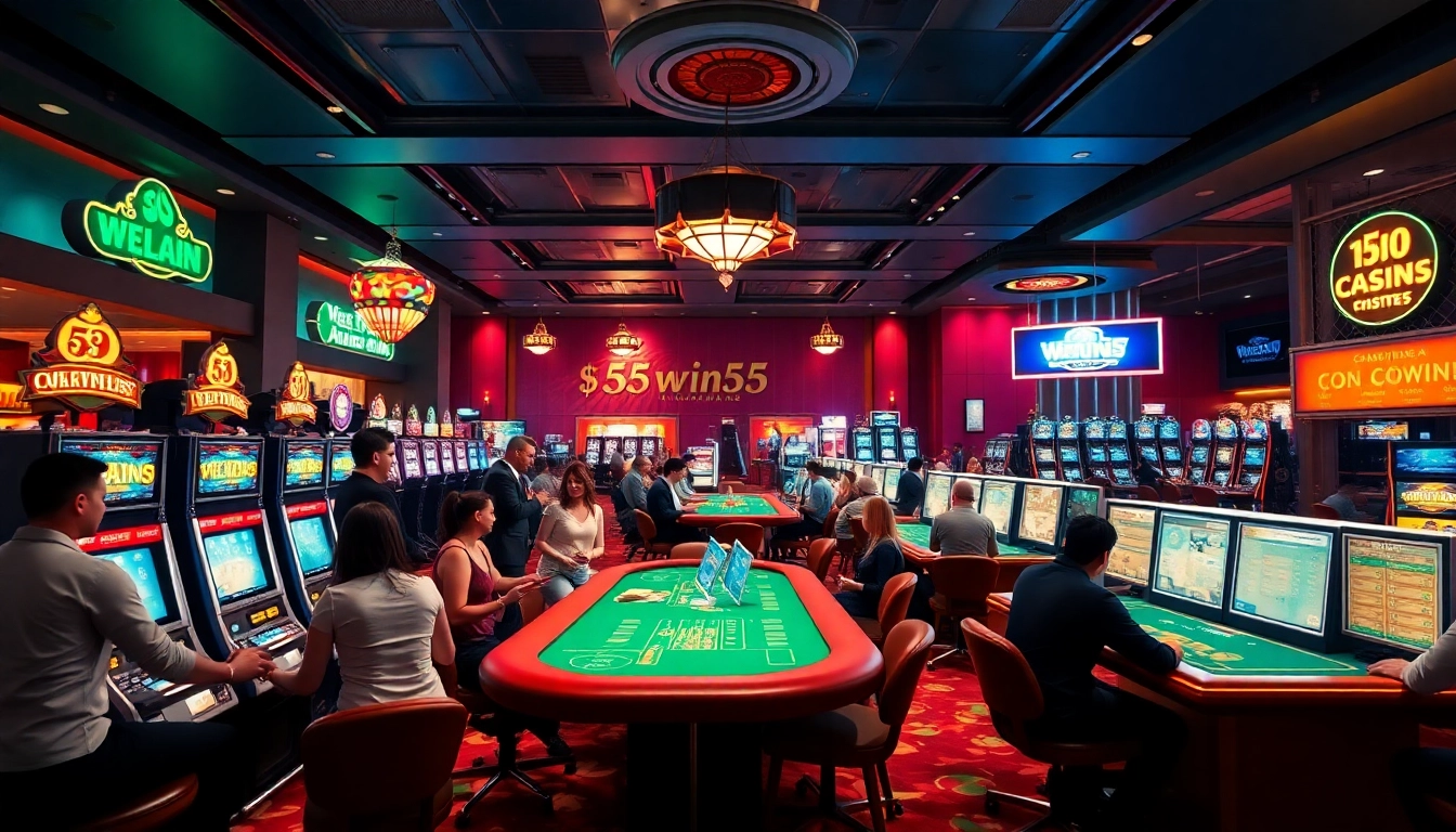 Engaging casino atmosphere featuring players at 555win55 tables, vibrant colors, and exciting games.