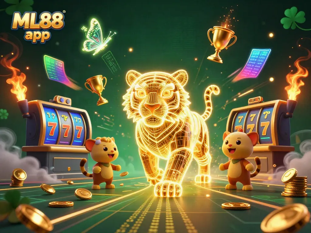Experience the thrilling ML88 app in a dynamic casino scene with vibrant slot game imagery.