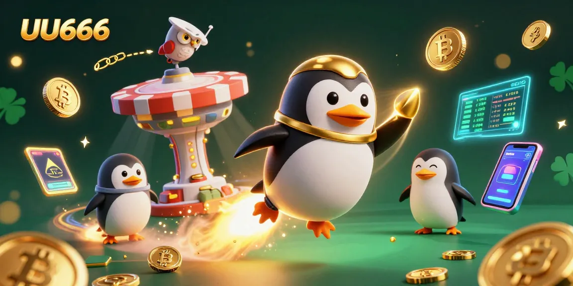 Experience excitement with UU666 as a golden penguin captures coins in a vibrant casino space!