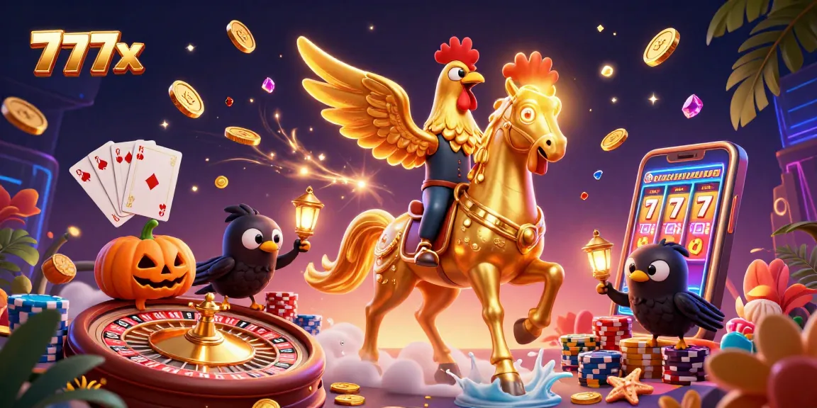 Engage with 777x in a vibrant 3D casino scene filled with golden coins and rolling roulette wheels.
