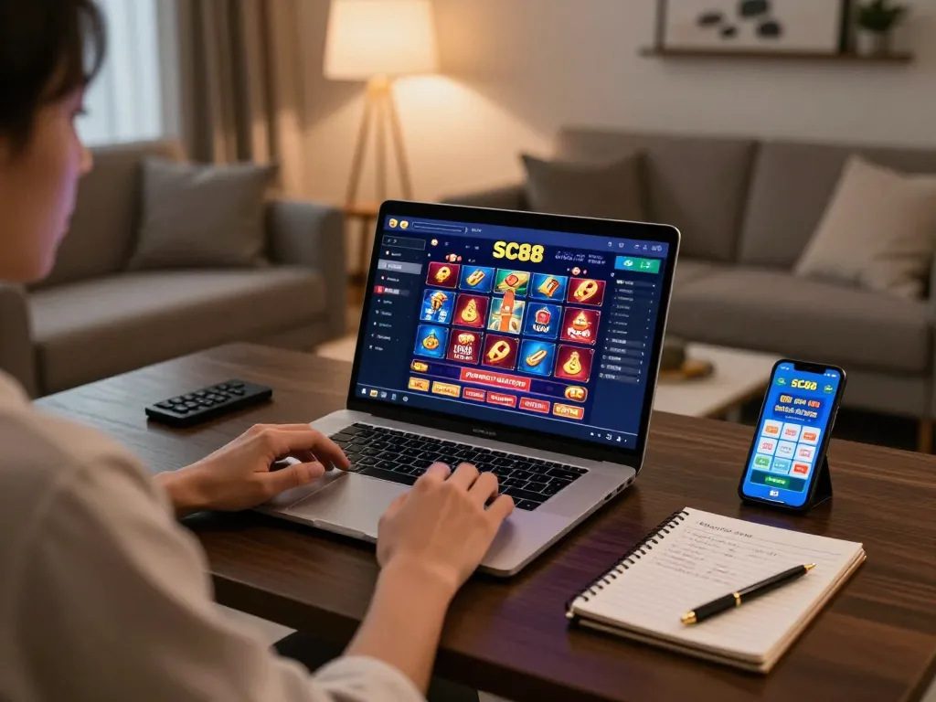 Engaging in online casino gameplay on SC88 app within a cozy home setting, focusing on strategic betting
