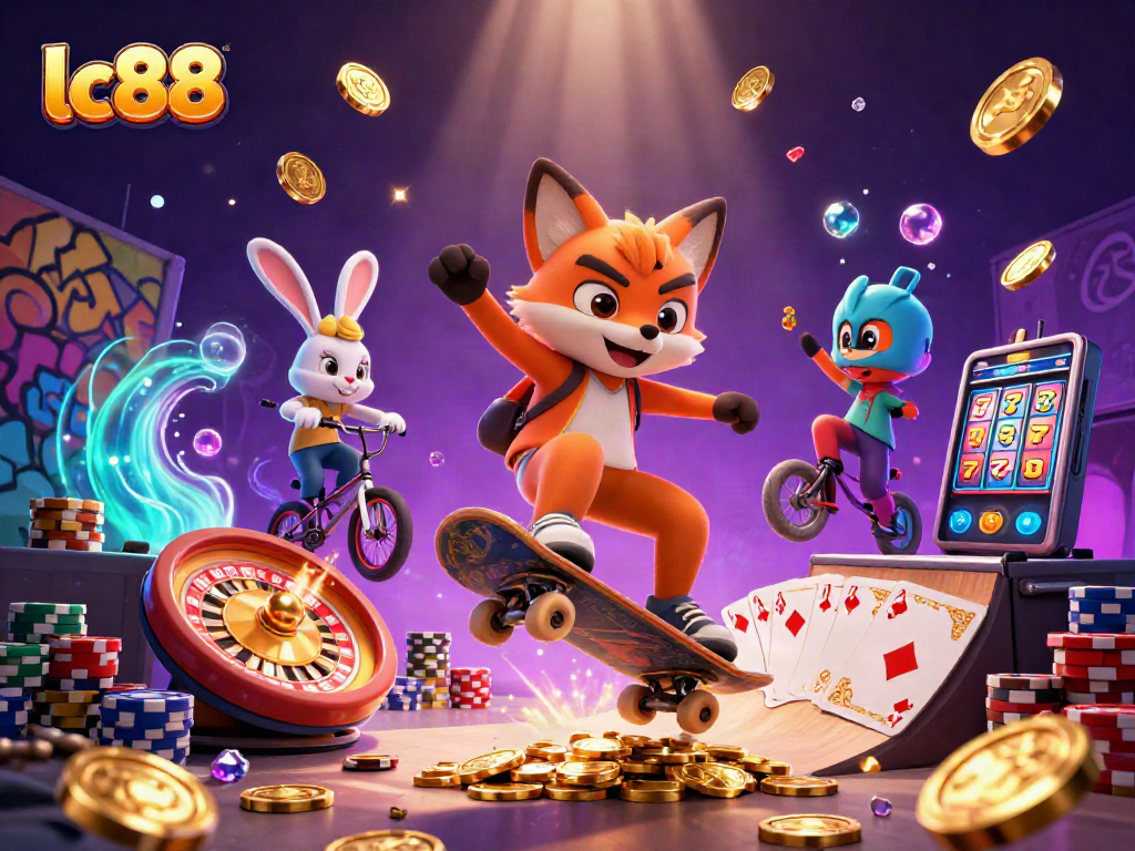 Experience the excitement of lc88 with a vibrant 3D illustration of casino fun and skate tricks.