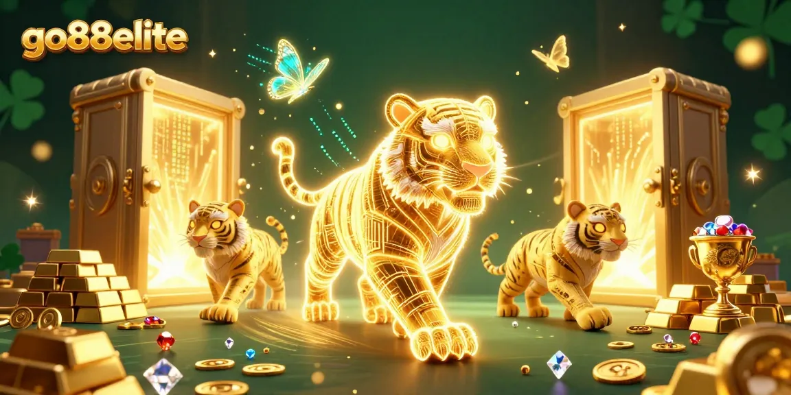 Join the digital adventure at go88elite with a golden tiger prowling a vibrant casino.