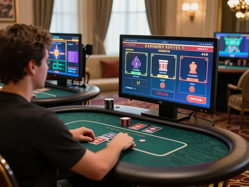 F168 online gaming experience with user engaged in poker at high-end setup, showcasing high engagement.