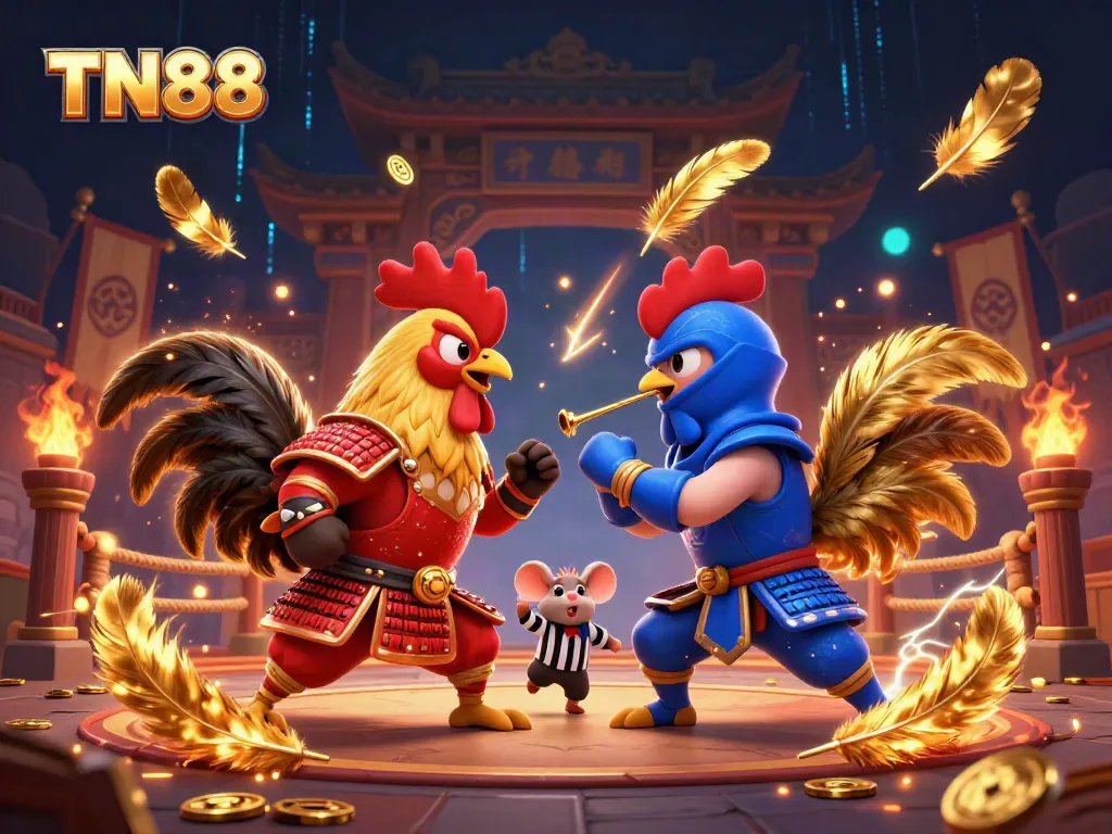 Engage in action with TN88's fighting roosters in a dramatic 3D casino battle.