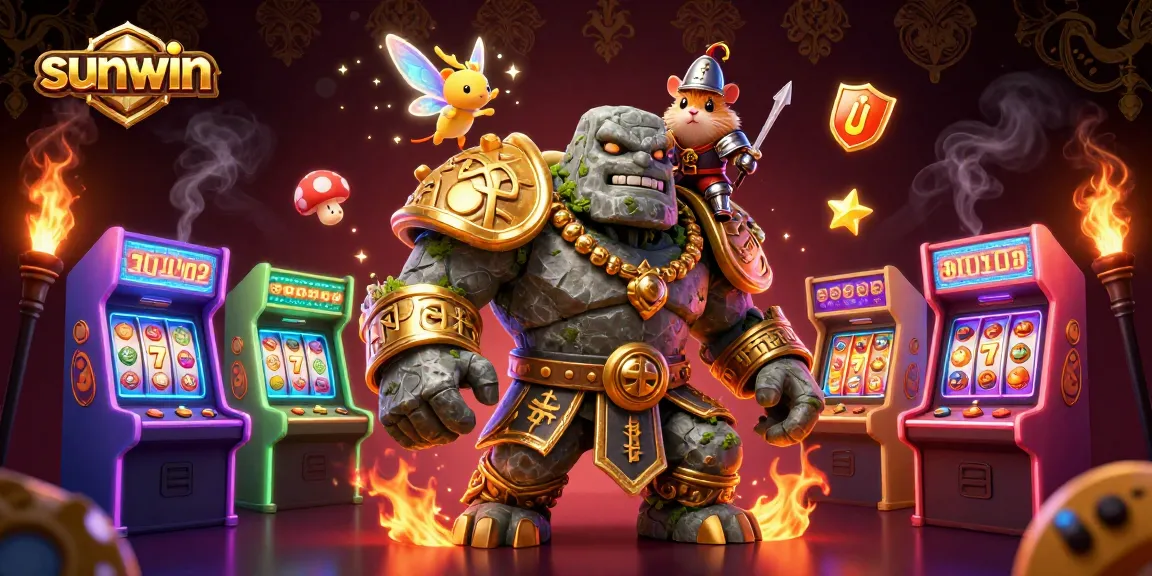 Engage in thrills with sunwin's lively 3D casino adventure featuring a golem, fairy, and hamster knight.