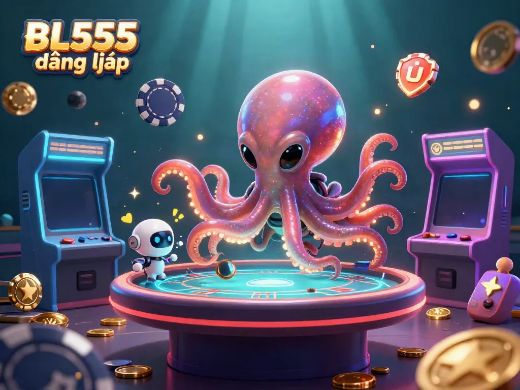 Experience BL555 đăng nhập with a vibrant, colorful scene featuring an alien octopus at a poker table.