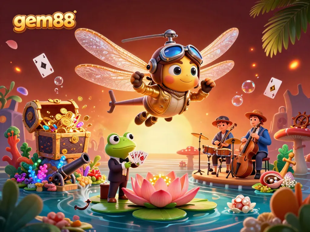 Engage with the vibrant gem88 gaming experience featuring a dragonfly pilot, frog croupier, and energetic music in a casino setting.