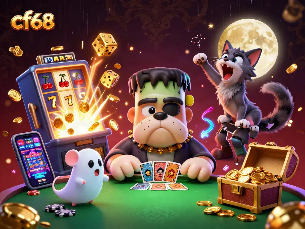 cf68's vibrant casino scene featuring a Frankenstein bulldog dealing cards and a jackpot explosion of coins.
