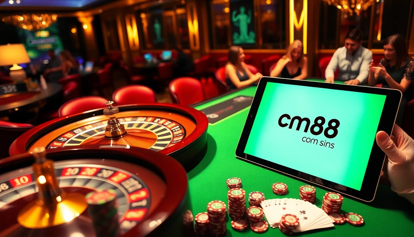 Experience the thrill of gameplay at cm88 com with vibrant poker chips and a spinning roulette wheel.