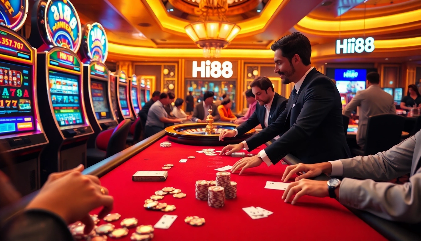 Experience thrilling gaming action at Hi88 Casino with vibrant slot machines and engaging poker tables.
