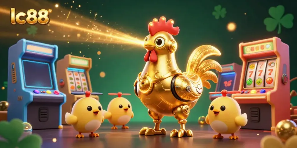 Experience thrilling gameplay at lc88 with a vibrant casino scene featuring a golden rooster robot and baby chick drones.