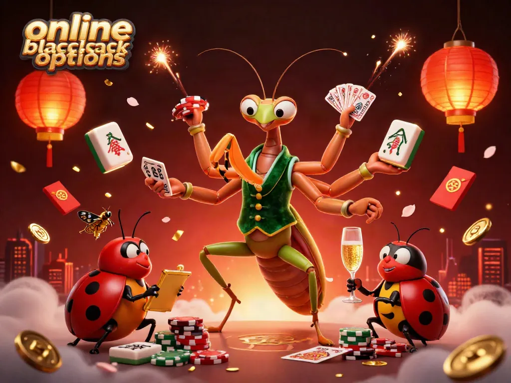 Engage with exciting online blackjack options in a vibrant casino scene featuring a praying mantis dealing cards.