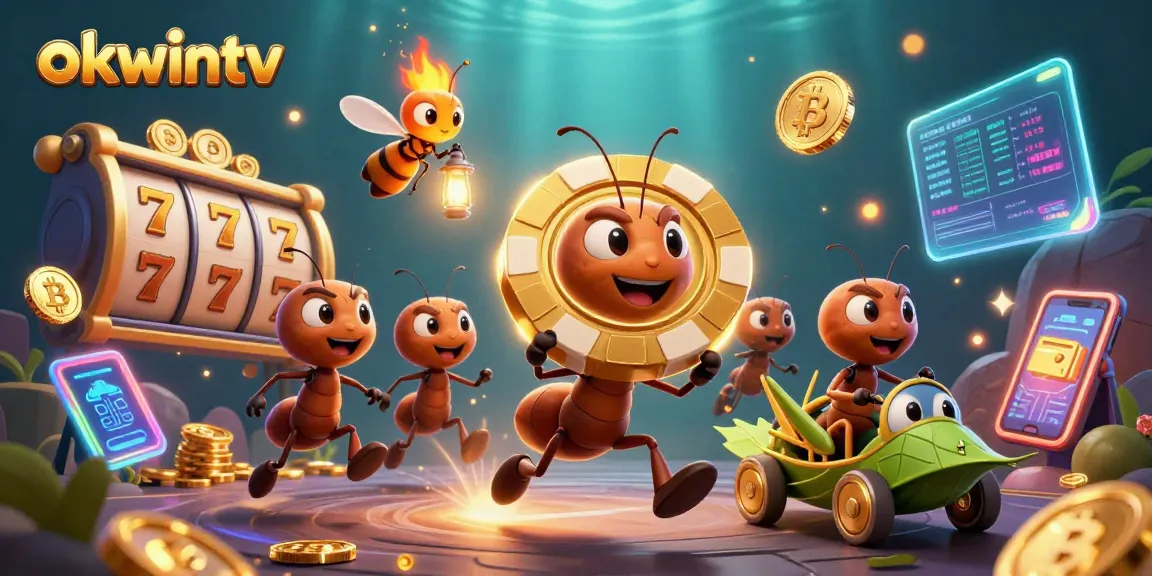Engage with okwintv through thrilling slot game adventures with cartoon ants and crypto elements.