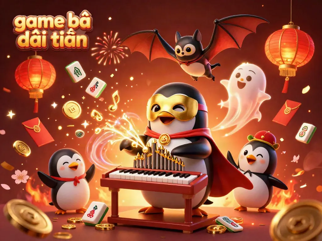 Experience thrilling game bài đổi thưởng with a whimsical penguin organist and festive casino elements.