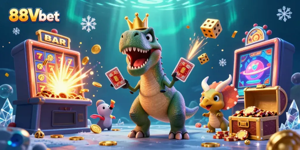 Engage with 88Vbet's lively casino scene featuring vibrant characters amidst dynamic gaming elements.