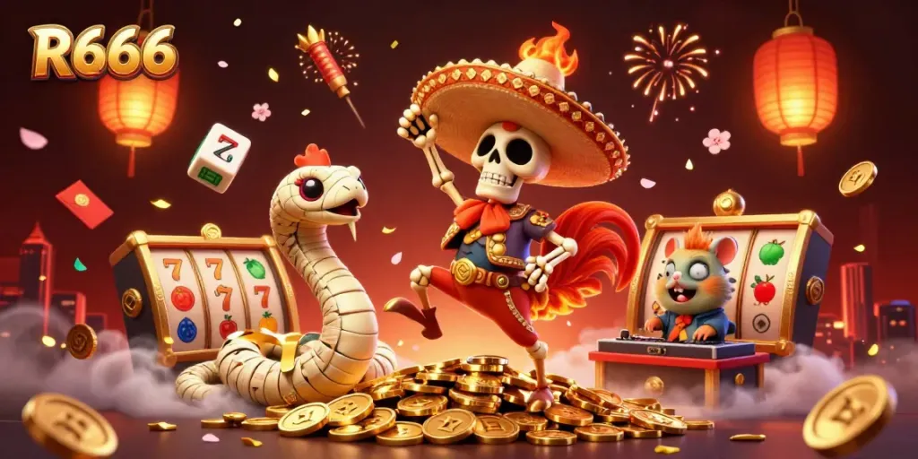 Experience the excitement of R666 with vibrant characters and dynamic casino elements in a thrilling scene.
