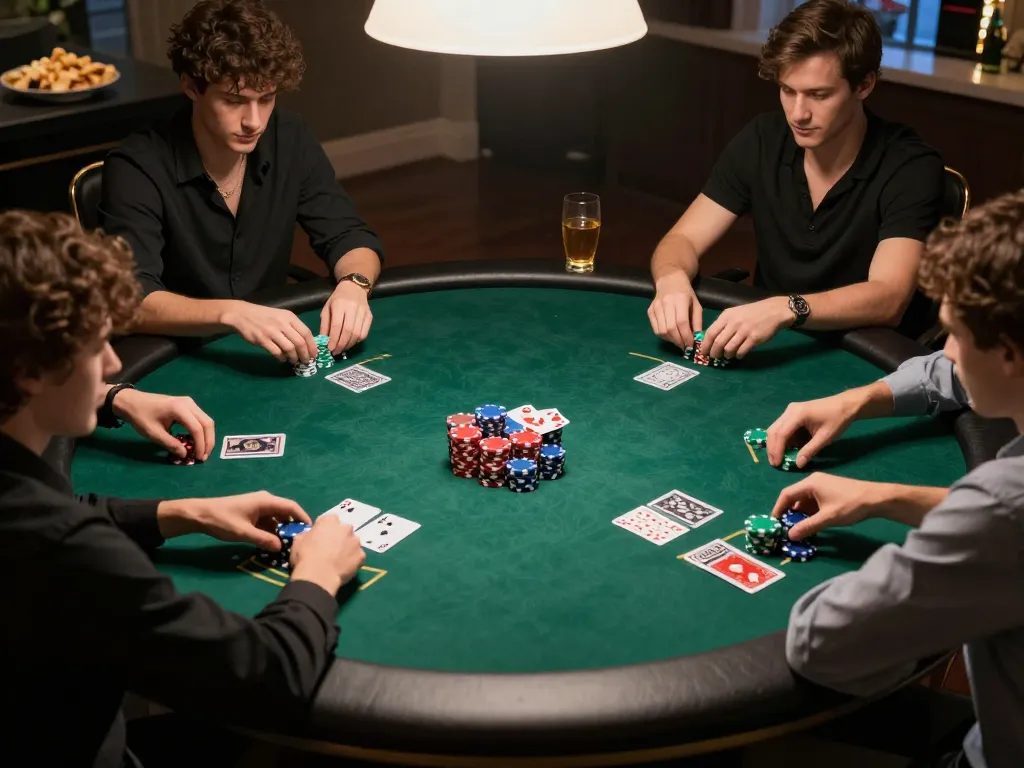 Các người chơi poker LUCK8 đang lên chiến lược với bài và chip trong một đêm chơi game thân mật.
