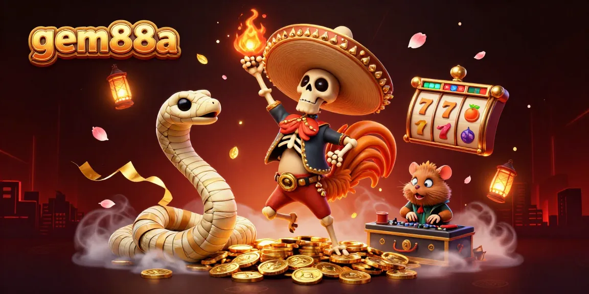 Play exciting slot games at gem88a with a colorful 3D illustration of casino characters celebrating wins.
