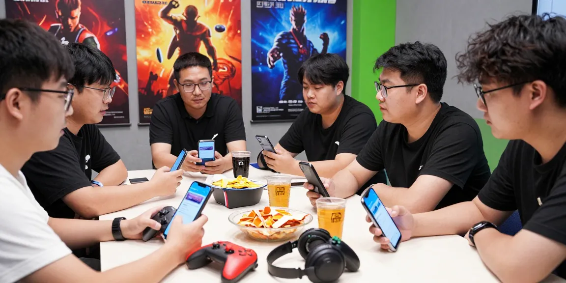 Engaged gamers discussing how to download Winbox on their devices amidst vibrant gaming décor.