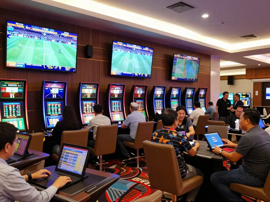 Excited bettors analyzing odds in a sports betting area at RR88 thể thao, showcasing vibrant atmosphere.