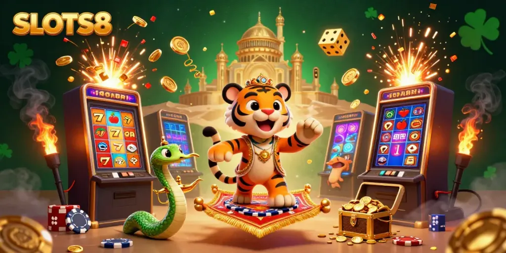 Experience the magic of SLOTS8 with a spectacular jackpot scene featuring vibrant casino elements!