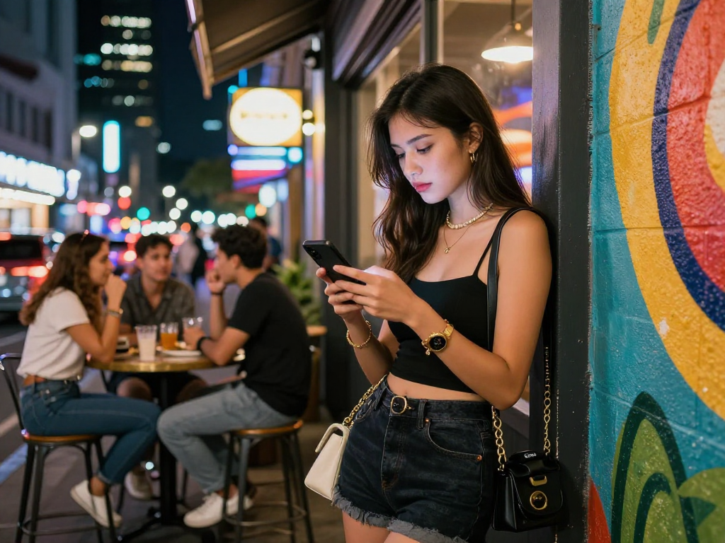 Gái gọi trong không gian thành phố hiện đại, thu hút ánh nhìn giữa những ánh đèn neon.