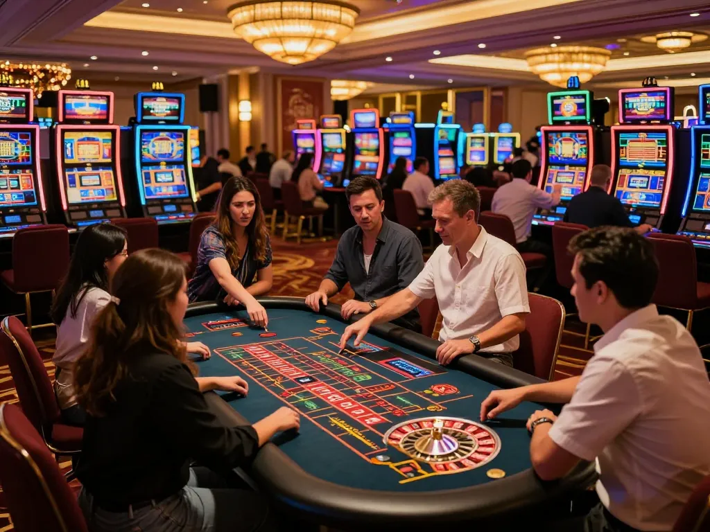 Experience the excitement of LUCK8 com trang chủ with vibrant gaming atmosphere and slot machines.