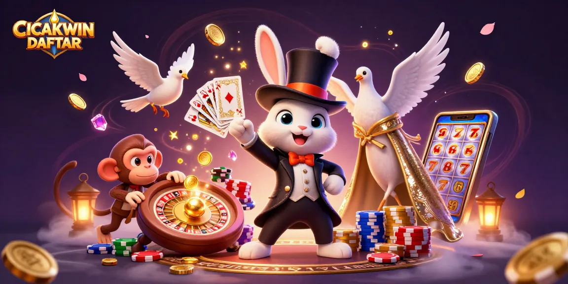 CICAKWIN DAFTAR showcases an exciting scene with a magician rabbit, a dove assistant, and a monkey in a vibrant casino setting.