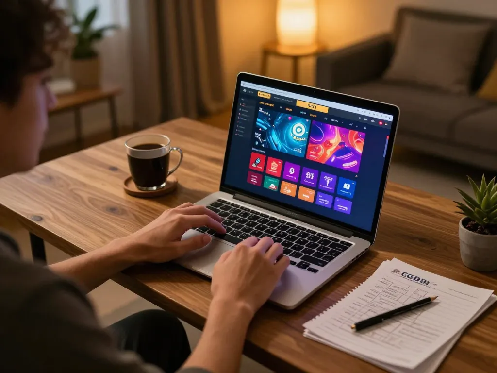Experience thrilling online gaming on GG88 with an engaging setup featuring a laptop, coffee, and strategy notes