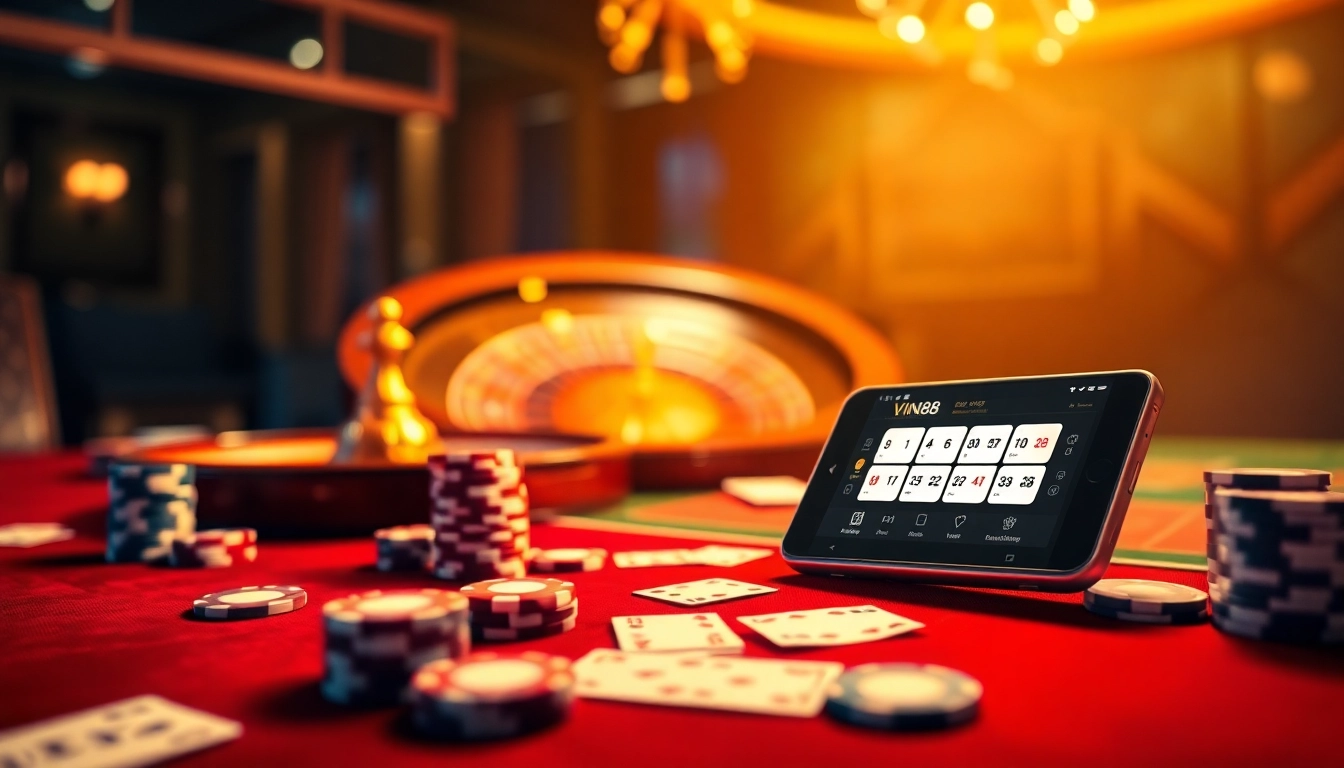 Experience the excitement of gambling with the VIN88 App displayed alongside poker chips and a roulette wheel.